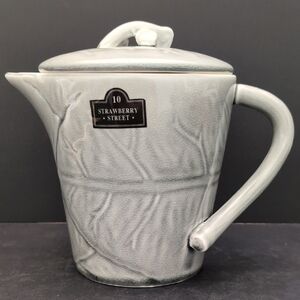 10 Strawberry Street Gray Textured Leaf Pattern Stoneware Teapot.